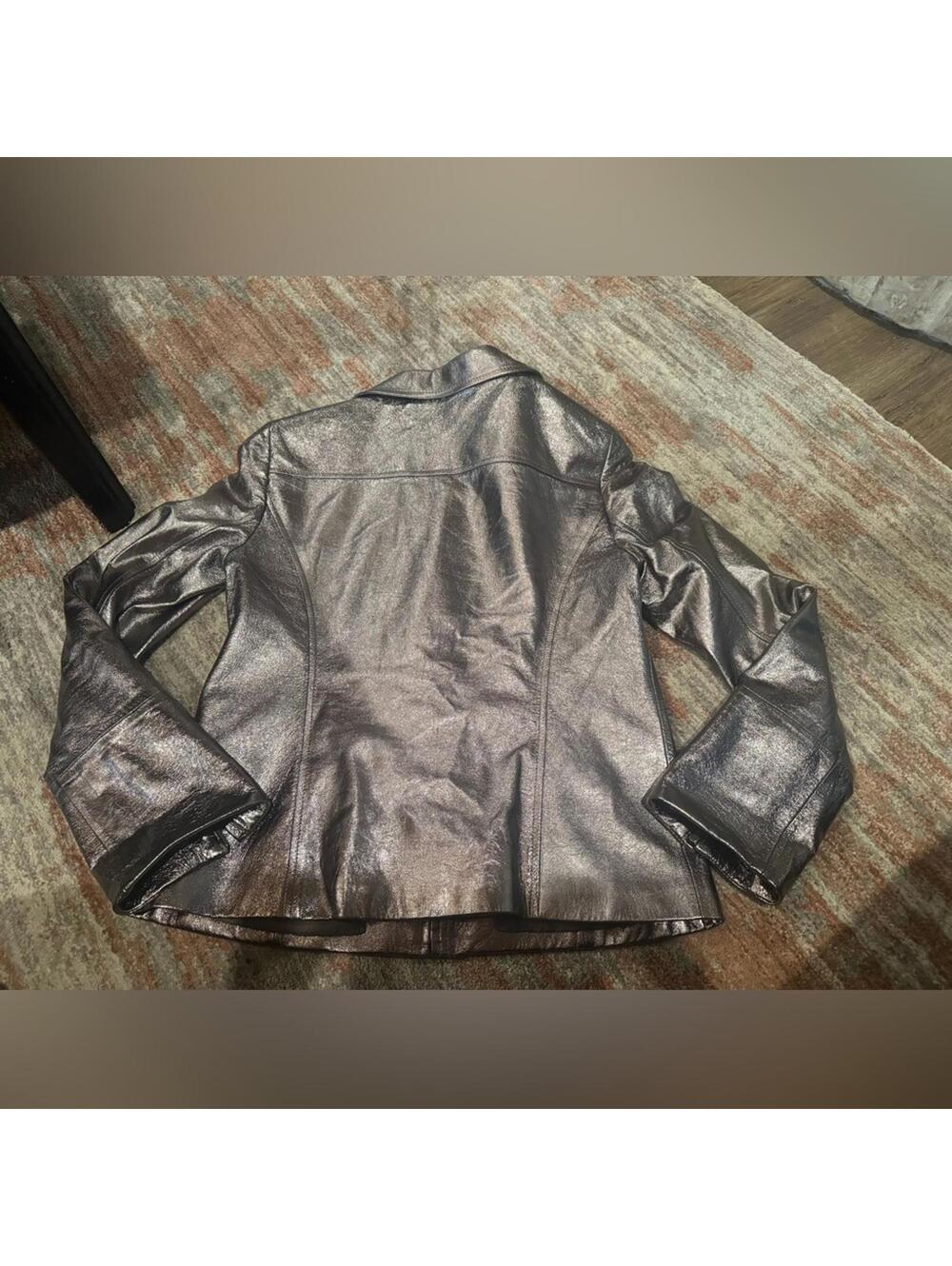 Lafayette 148 Metallic Silver Full Zip Lambskin Leather Jacket Size 6 - Picture 3 of 8